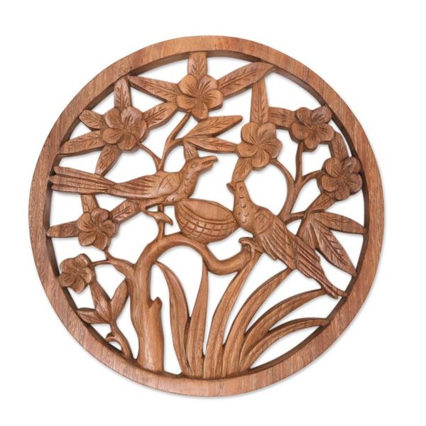 Alternate image for Bird Floral and Leaf Relief Panel Hand-Carved from Wood Morning Frangipani