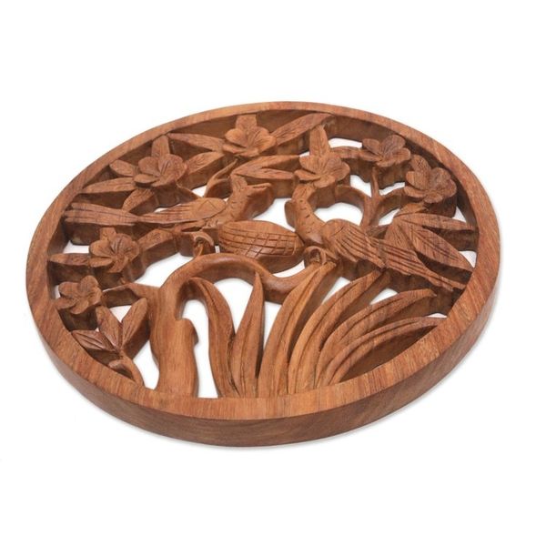 Alternate image for Bird Floral and Leaf Relief Panel Hand-Carved from Wood Morning Frangipani