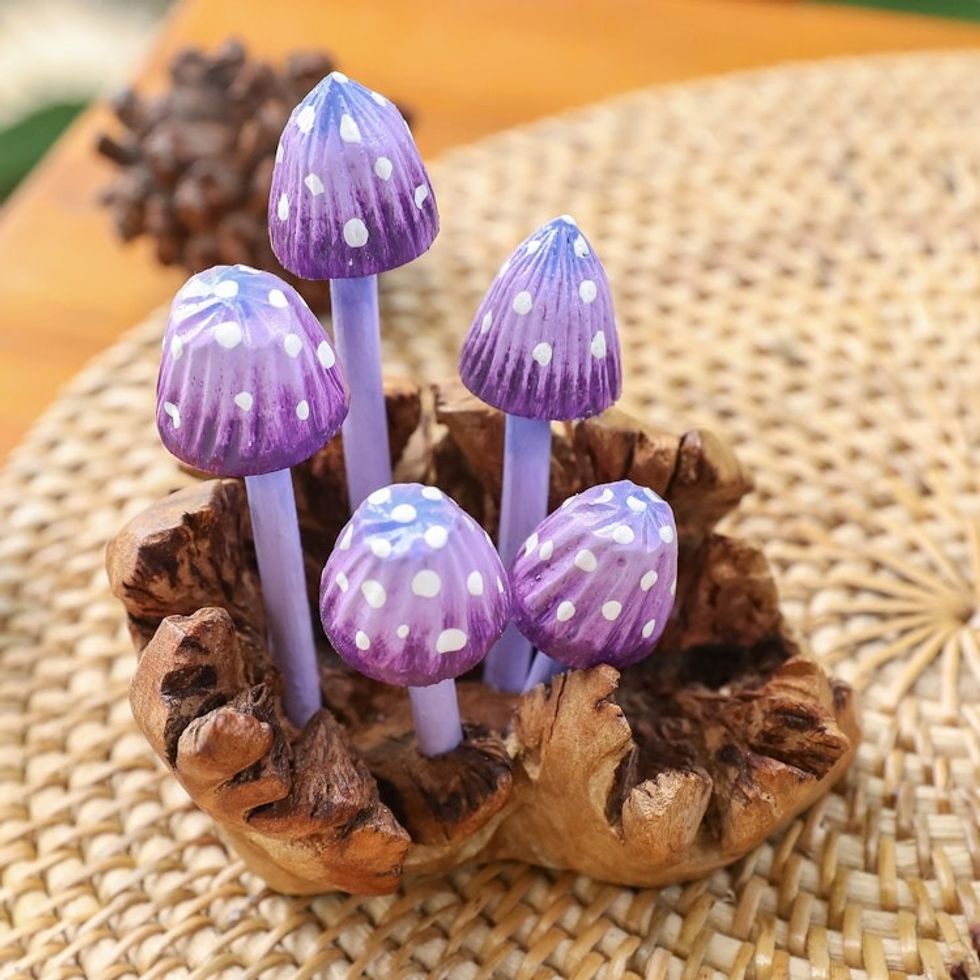 Purple Hand-Painted Jempinis and Benalu Wood Sculpture 'Wood Fantasy'