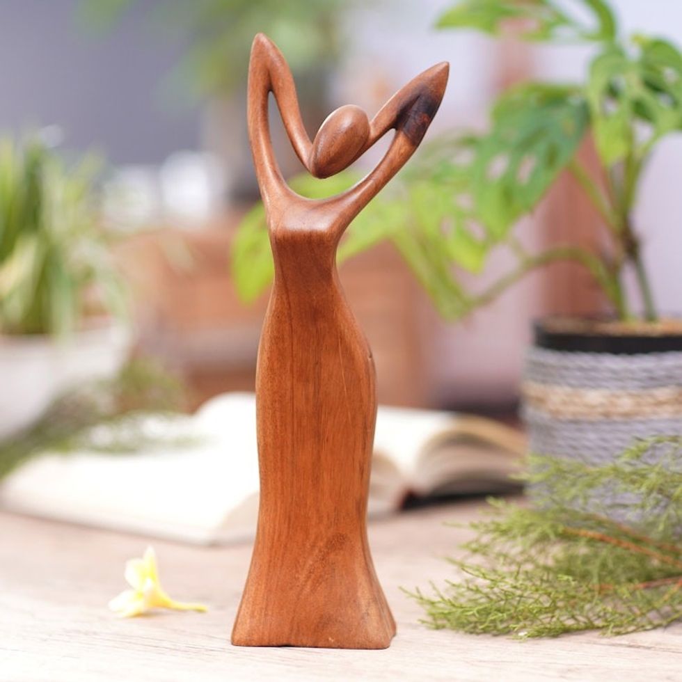 Signed Suar Wood Sculpture of Woman Hand-Carved in Bali 'Self Love'