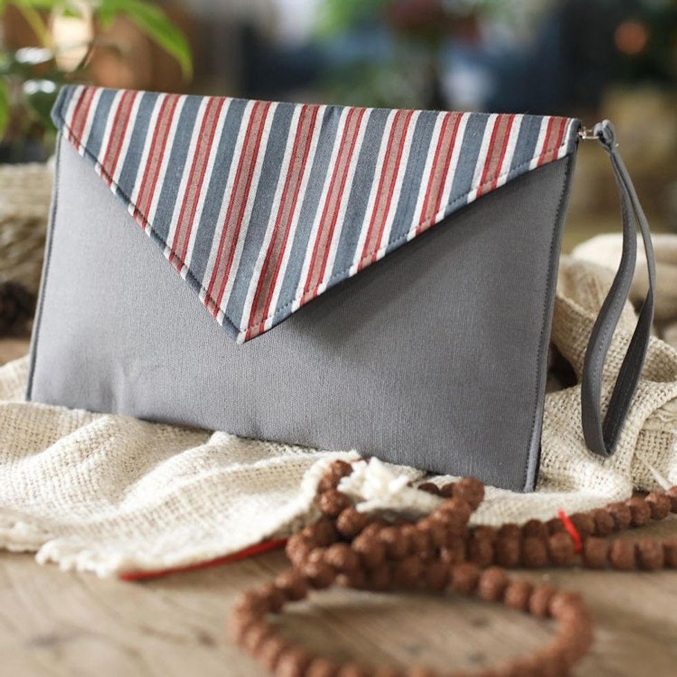 Striped Grey Cotton Wristlet with Removable Strap 'Lurik Amplop Striped'
