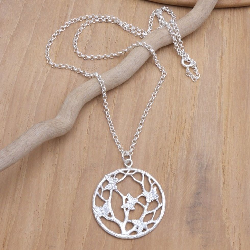 Sterling Silver Round Pendant Necklace with Butterfly Motifs 'Harmonious Hope'