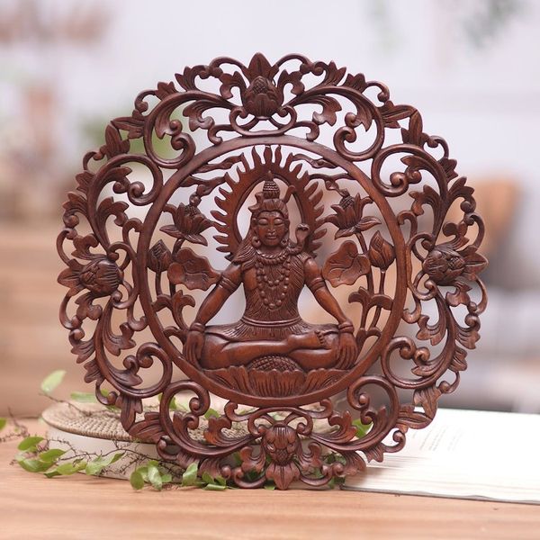 Alternate image for Brown Suar Wood Leafy Relief Panel of Sage Shiva Sacred Shiva