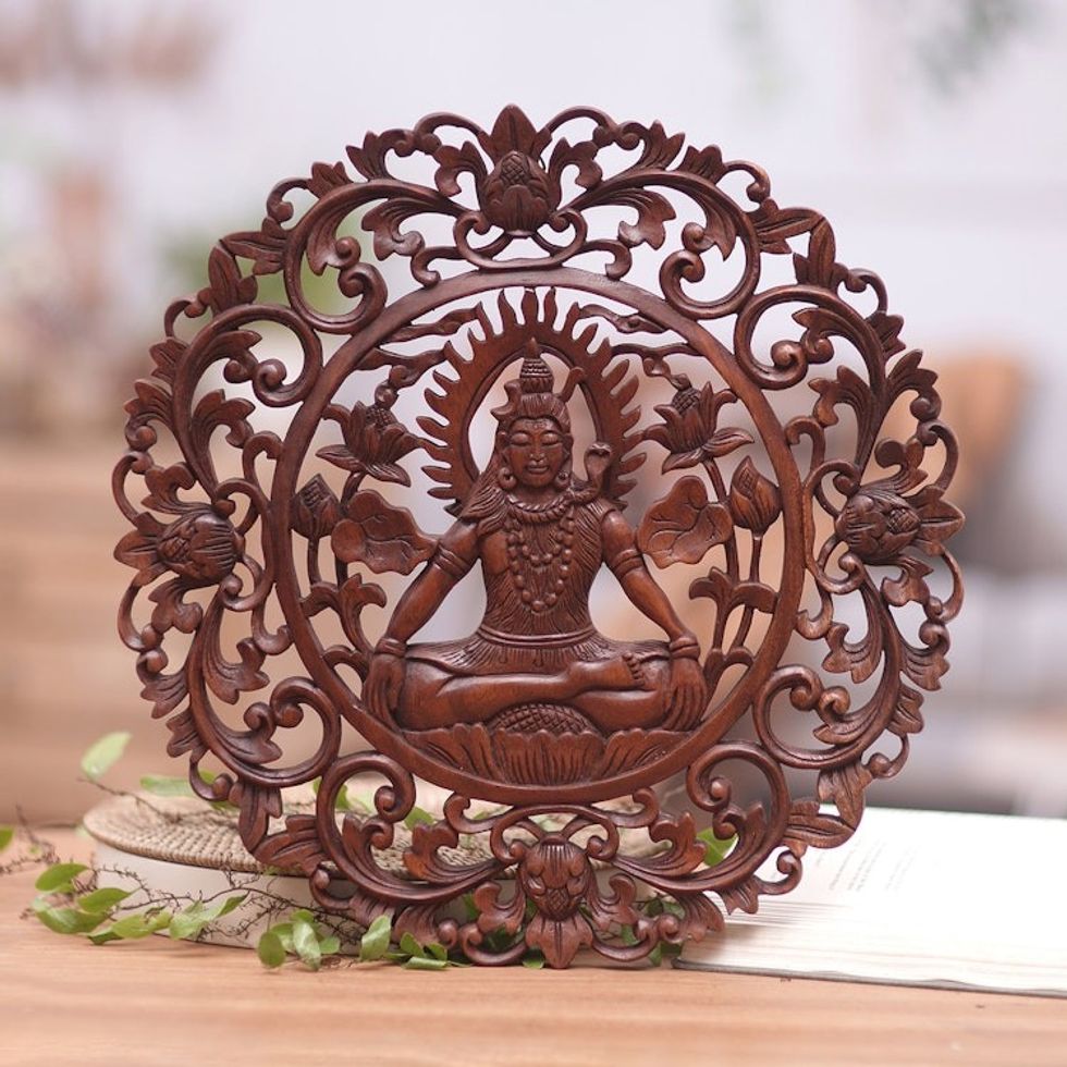 Brown Suar Wood Leafy Relief Panel of Sage Shiva 'Sacred Shiva'