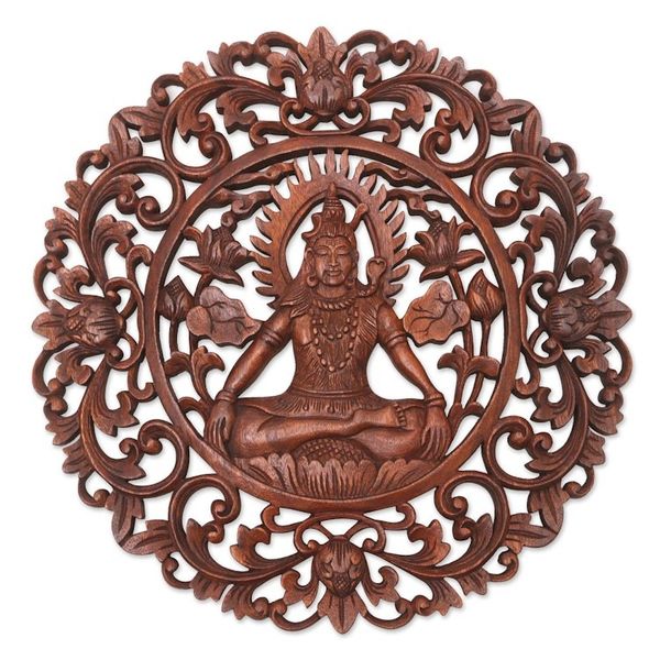Alternate image for Brown Suar Wood Leafy Relief Panel of Sage Shiva Sacred Shiva