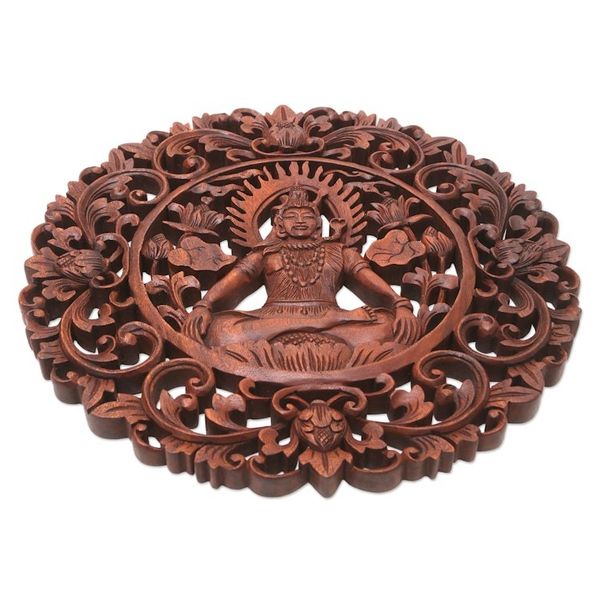 Alternate image for Brown Suar Wood Leafy Relief Panel of Sage Shiva Sacred Shiva