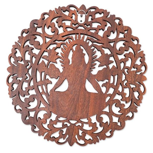 Alternate image for Brown Suar Wood Leafy Relief Panel of Sage Shiva Sacred Shiva