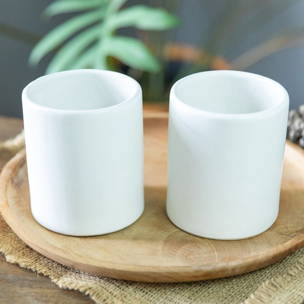 Set of 2 Handcrafted Minimalist White Ceramic Cups from Bali 'Enjoy the Day'