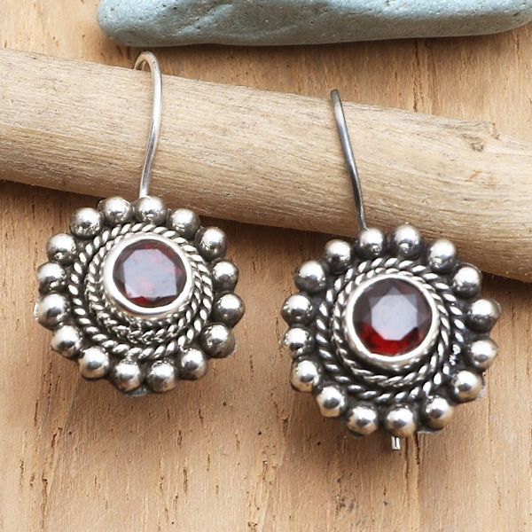 Alternate image for Sterling Silver Floral Drop Earrings with Garnet Stone Enchanting Flower in Red