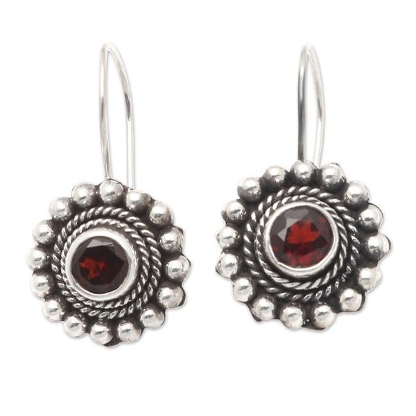 Alternate image for Sterling Silver Floral Drop Earrings with Garnet Stone Enchanting Flower in Red