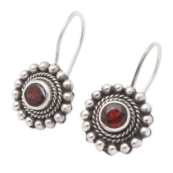Alternate image for Sterling Silver Floral Drop Earrings with Garnet Stone Enchanting Flower in Red