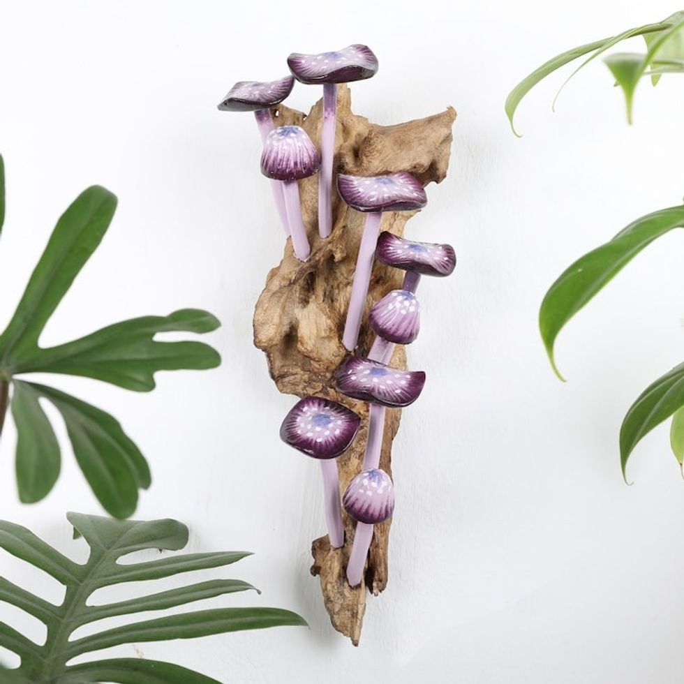 Purple-Toned Wood Mushroom Wall Sculpture from Bali 'Purple Woods'