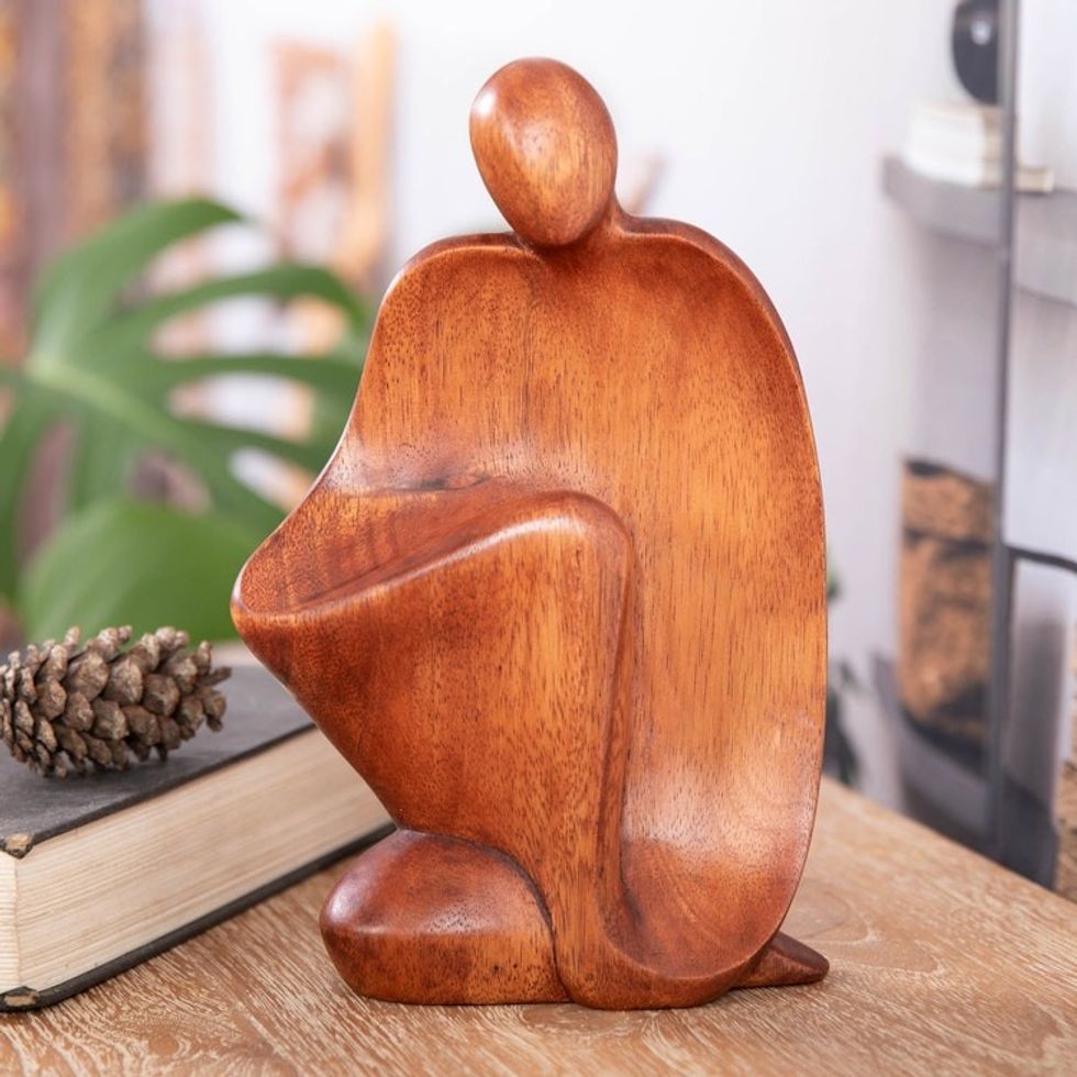 Semi-Abstract Brown Suar Wood Sculpture Handcrafted in Bali 'Dreamy Man'