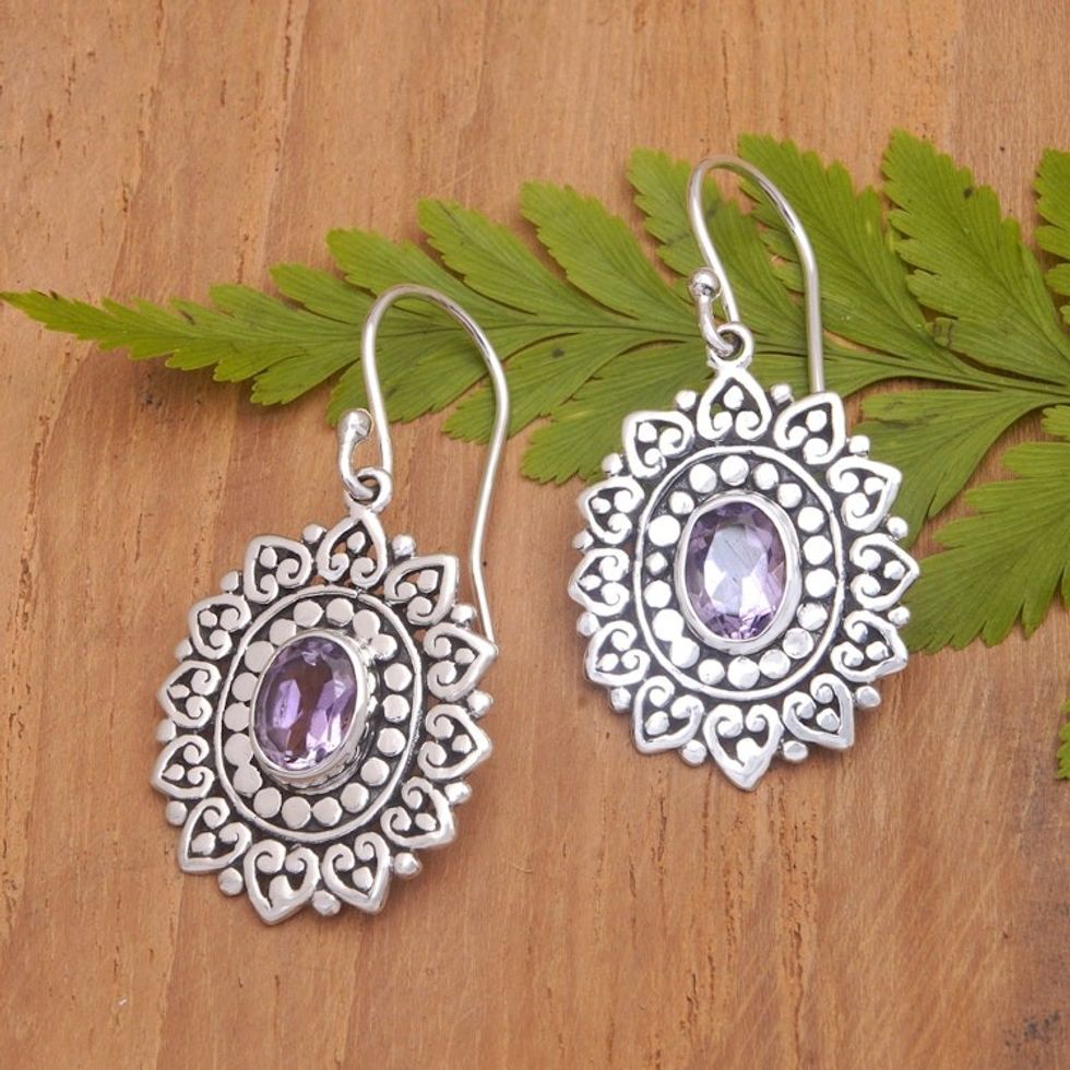 Sterling Silver Chakra Flower Dangle Earrings with Amethysts 'Blooming Chakra'