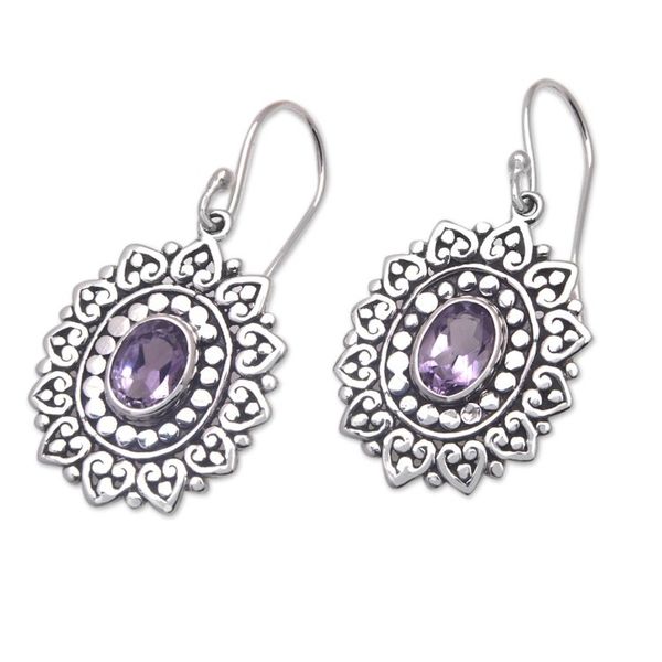 Alternate image for Sterling Silver Chakra Flower Dangle Earrings with Amethysts Blooming Chakra