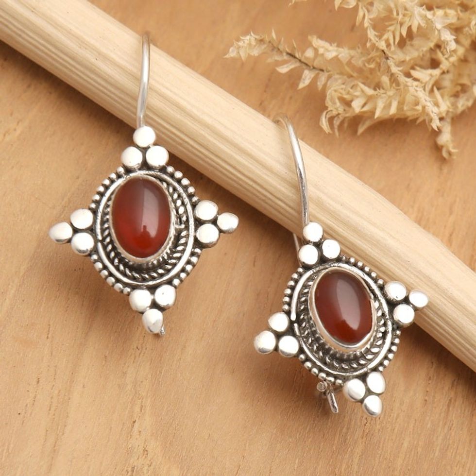 Star-Themed Oval Carnelian Drop Earrings from Bali 'Heavenly Courage'
