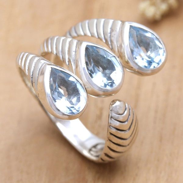 Alternate image for Blue Topaz and Sterling Silver Wrap Ring Made in Bali Three Times Azure