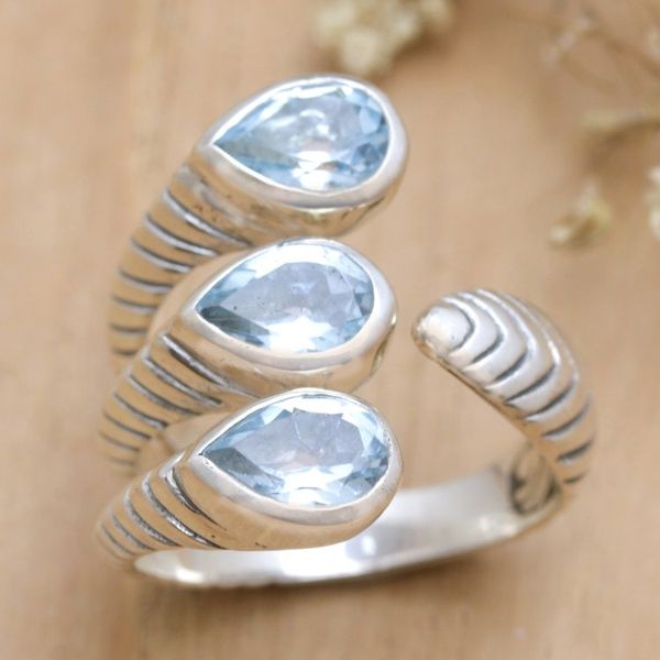 Alternate image for Blue Topaz and Sterling Silver Wrap Ring Made in Bali Three Times Azure