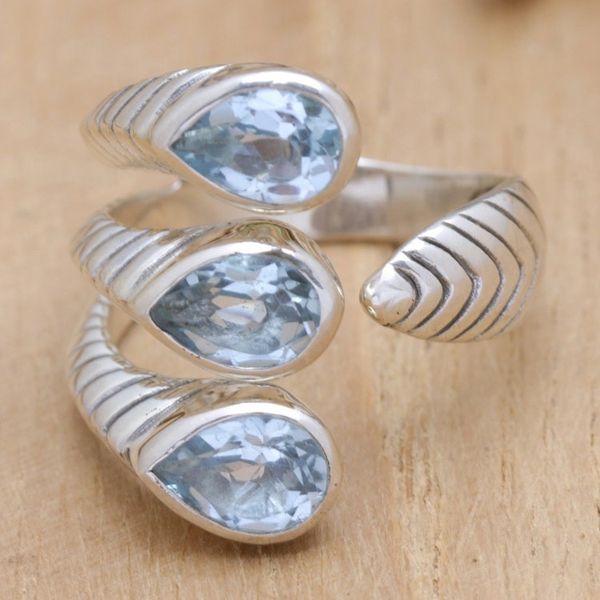 Alternate image for Blue Topaz and Sterling Silver Wrap Ring Made in Bali Three Times Azure