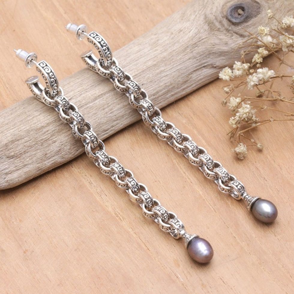 Black Cultured Pearl Dangle Earrings with Traditional Motifs 'Buddha Pearls'