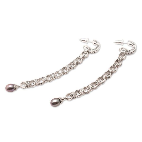Alternate image for Black Cultured Pearl Dangle Earrings with Traditional Motifs Buddha Pearls