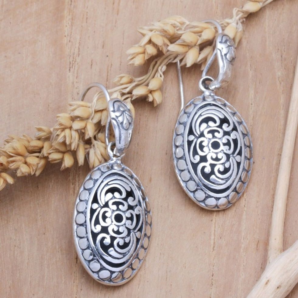 Sterling Silver Oval Dangle Earrings with Floral Motifs 'Blooming Shell'
