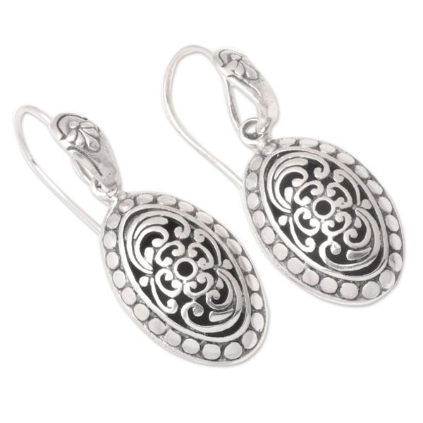 Alternate image for Sterling Silver Oval Dangle Earrings with Floral Motifs Blooming Shell
