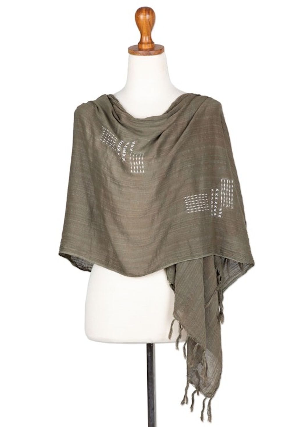Olive Cotton Shawl with Stitched Boro Details and Fringes 'Olive Boro'