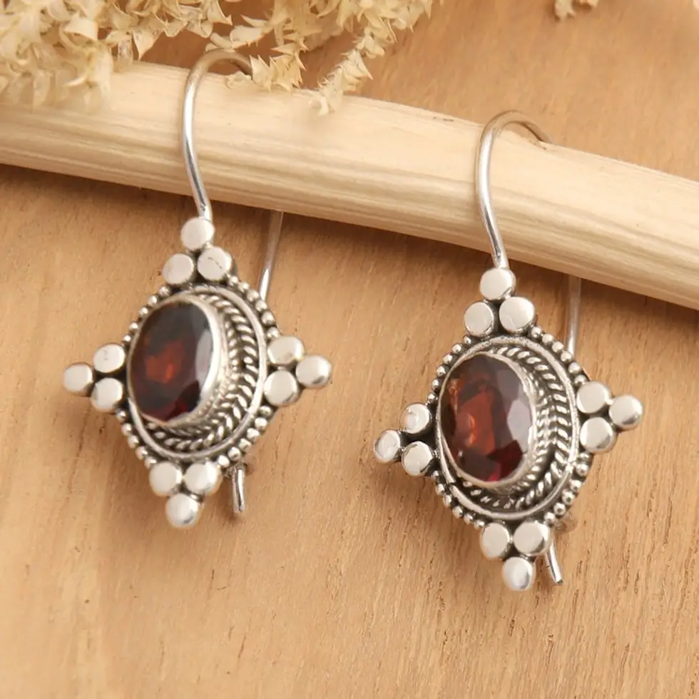 Star-Themed Oval Garnet Drop Earrings from Bali 'Heavenly Perseverance'