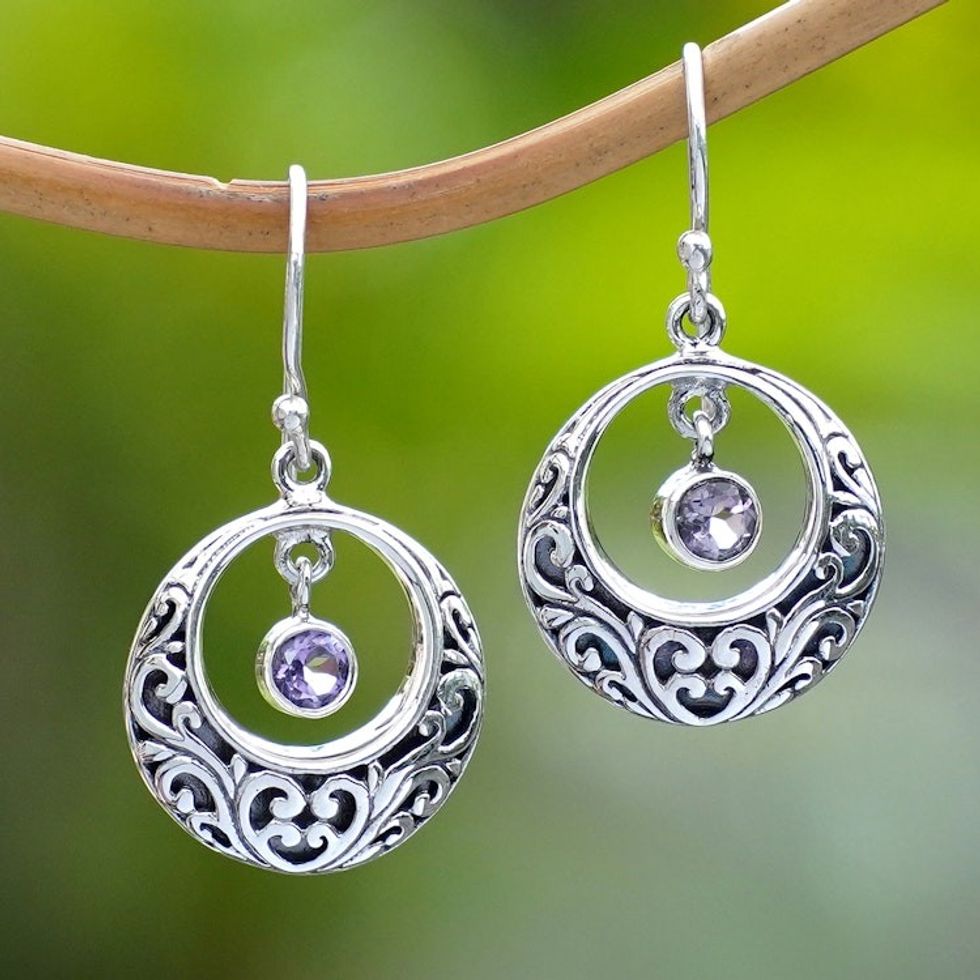 Sterling Silver Dangle Earrings with Swaying Amethyst Stone 'Baturiti Garden in Purple'