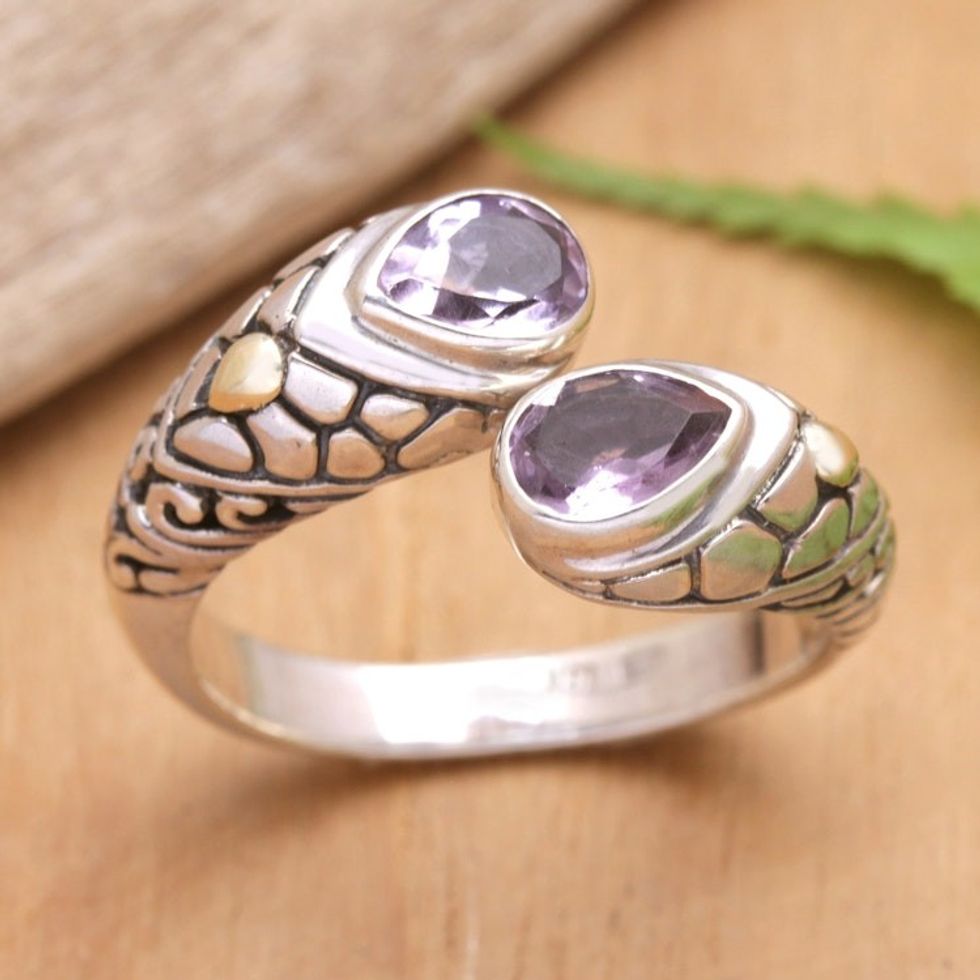 Silver Cocktail Ring with Amethysts and Gold-Plated Accents 'Bright Enchantment'