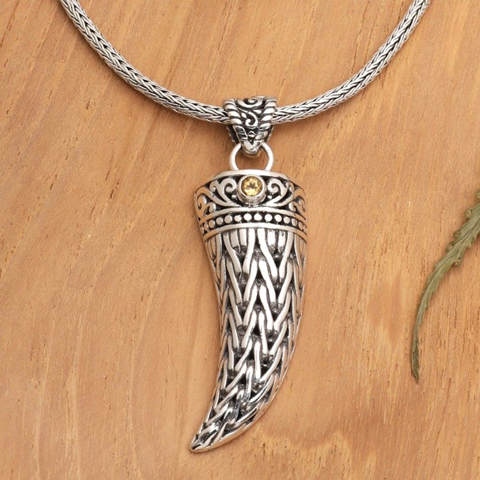 Mens 925 Silver Fang Pendant Necklace with Citrine Stone 'Mighty Yellow'