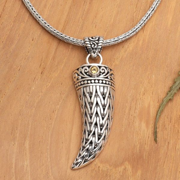 Alternate image for Mens 925 Silver Fang Pendant Necklace with Citrine Stone Mighty Yellow