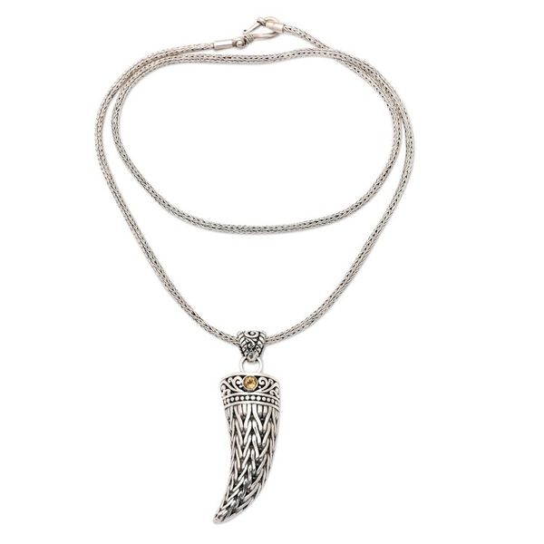 Alternate image for Mens 925 Silver Fang Pendant Necklace with Citrine Stone Mighty Yellow