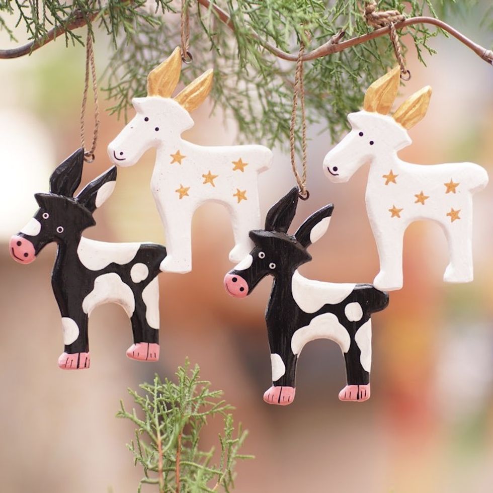 Set of 4 Hand-Painted Deer Ornaments Crafted from Wood 'Magic Deers'
