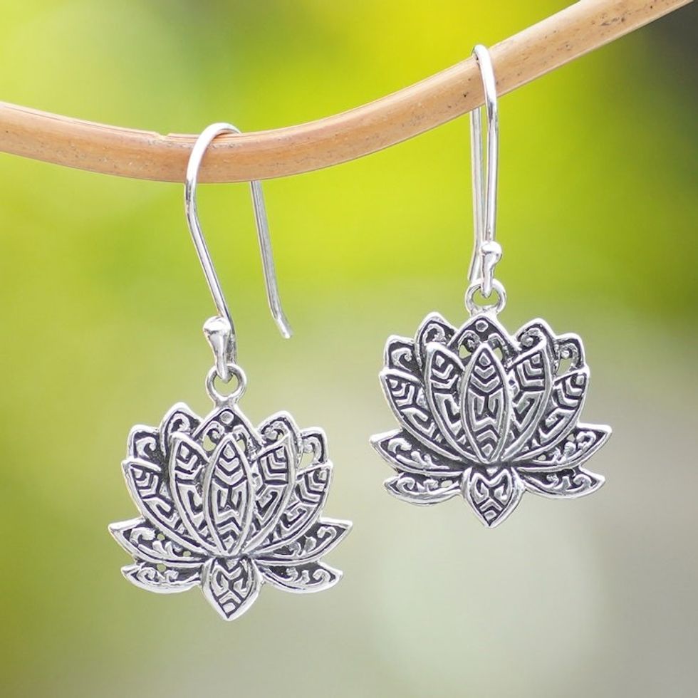 Lotus-Shaped Sterling Silver Dangle Earrings from Bali 'Enchanting Lotus'