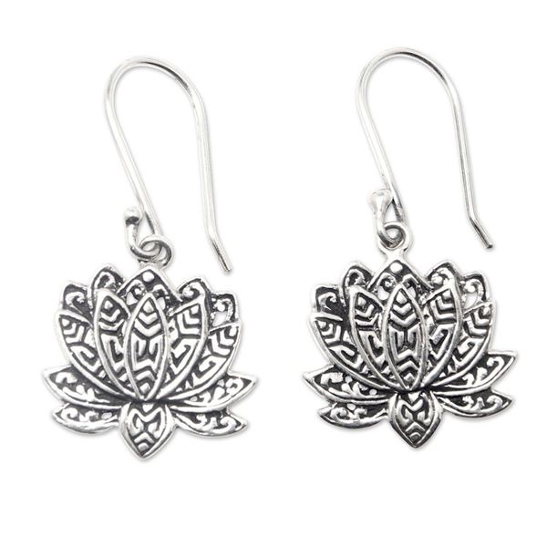 Alternate image for Lotus-Shaped Sterling Silver Dangle Earrings from Bali Enchanting Lotus