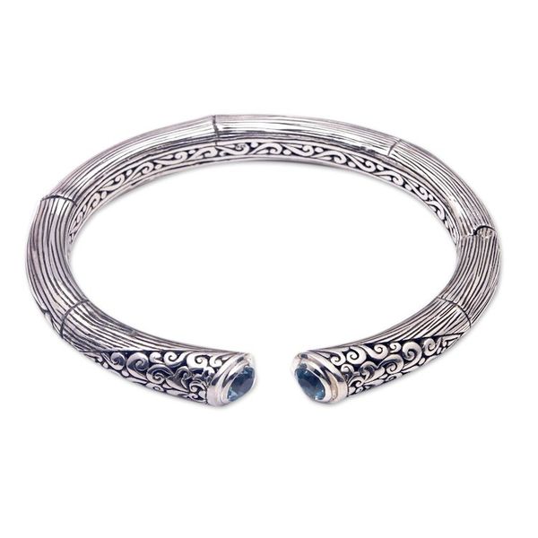 Alternate image for Sterling Silver Cuff Bracelet with Faceted Blue Topaz Gems Loyal Bali