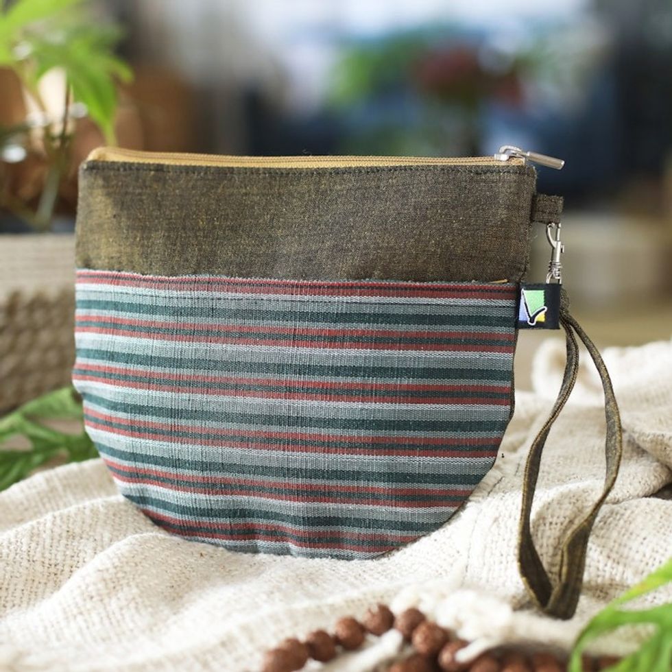 100 Cotton Striped Sage Clutch Wristlet Handwoven in Java 'Lurik Sphere Sage'
