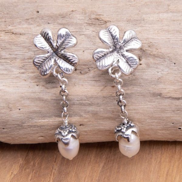 Alternate image for Sterling Silver Cloverleaf Dangle Earrings with Grey Pearls Cloverleaf
