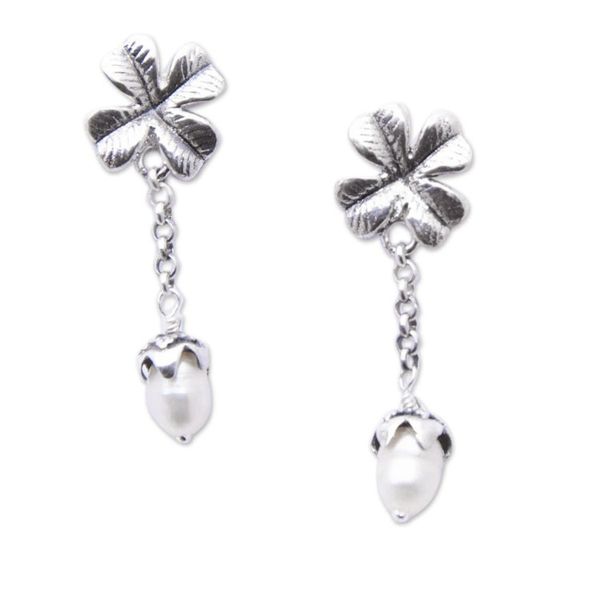 Alternate image for Sterling Silver Cloverleaf Dangle Earrings with Grey Pearls Cloverleaf