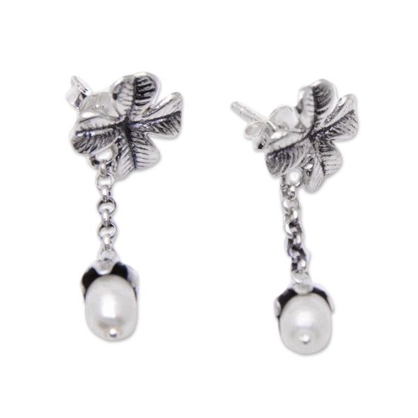 Alternate image for Sterling Silver Cloverleaf Dangle Earrings with Grey Pearls Cloverleaf