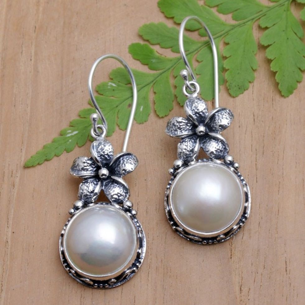 Sterling Silver Frangipani Dangle Earrings with White Pearls 'Pearly Frangipani'