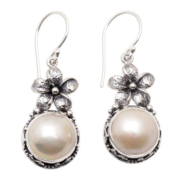 Alternate image for Sterling Silver Frangipani Dangle Earrings with White Pearls Pearly Frangipani