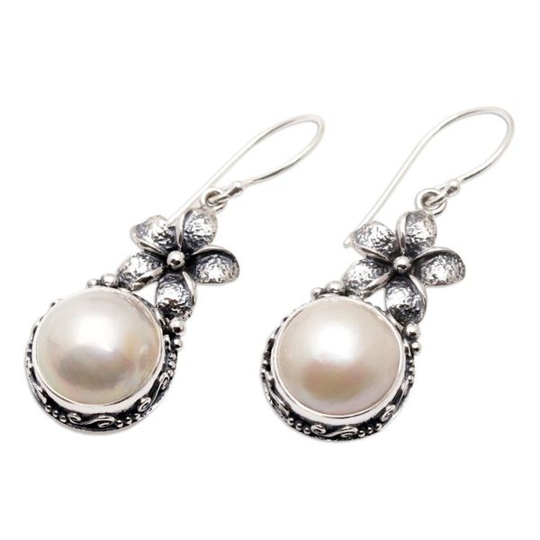 Alternate image for Sterling Silver Frangipani Dangle Earrings with White Pearls Pearly Frangipani