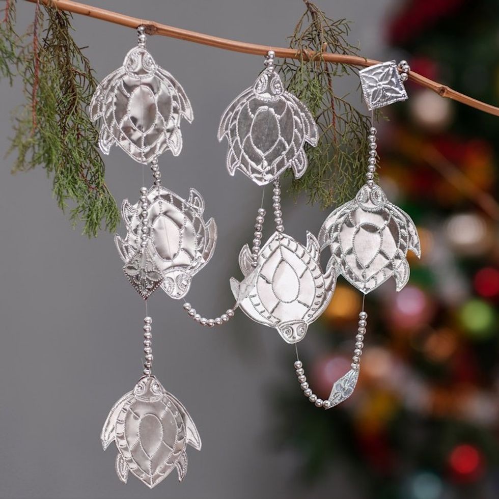 Handcrafted Aluminum Garland with Embossed Turtles 'Wise Shells'