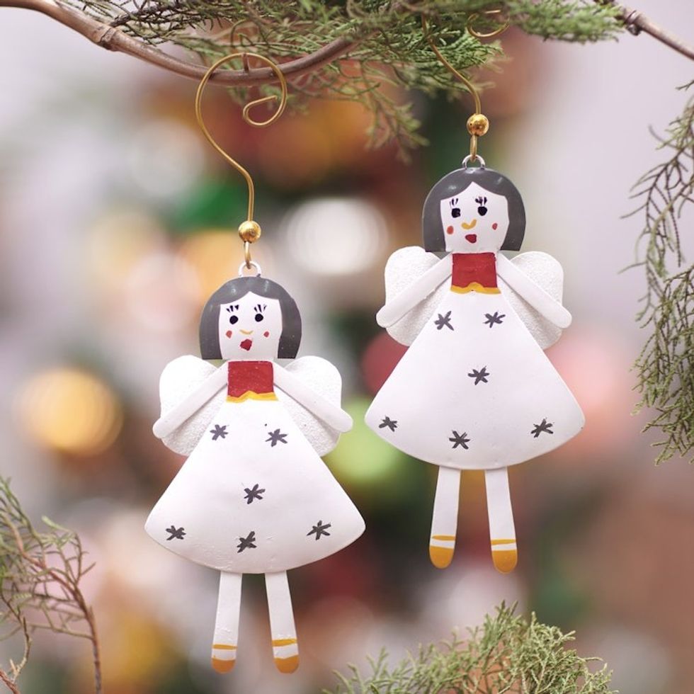 Pair of Angels Iron Christmas Ornaments Hand-Painted in Bali 'Pretty Snow Angels'