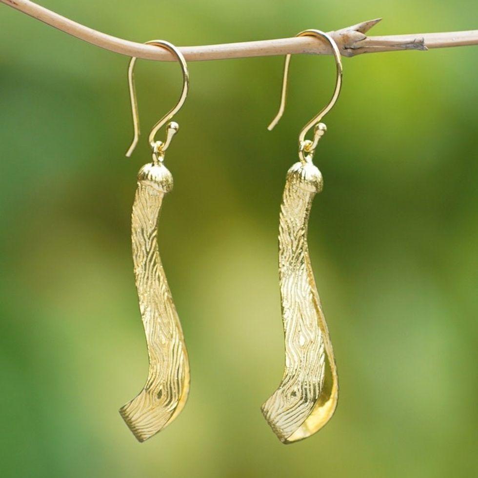 Modern 18k Gold-Plated Brass Dangle Earrings Crafted in Bali 'Ligneous Glamour'