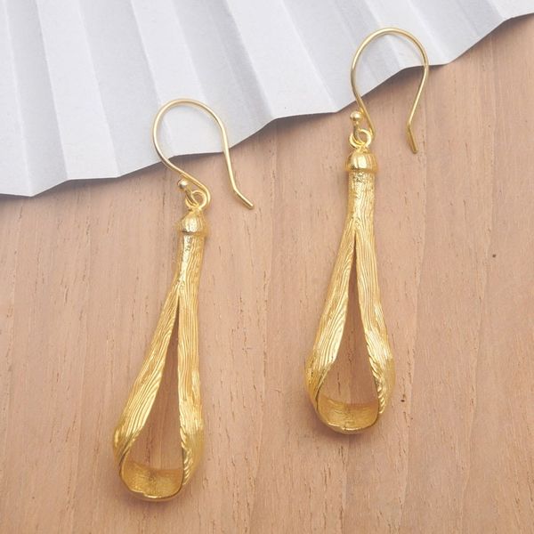 Alternate image for Modern 18k Gold-Plated Brass Dangle Earrings Crafted in Bali Ligneous Glamour