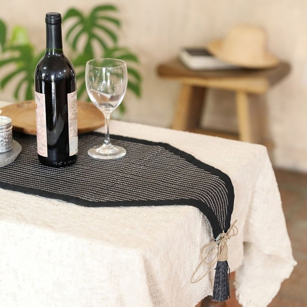 Black Cotton Blend Table Runner with Geometric Design 'Night Geometry'